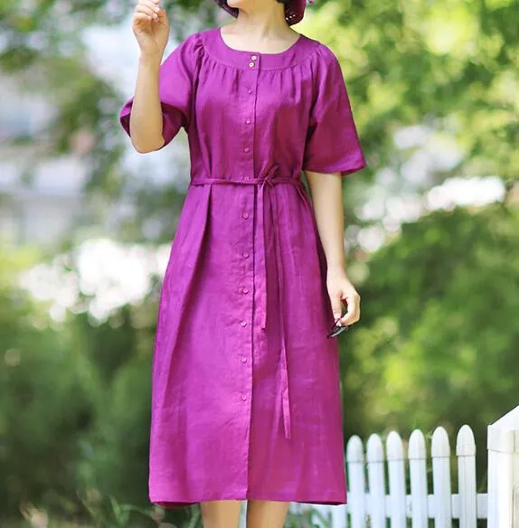 Purple O Neck Linen Women Dresses Short  Sleeves Midi Shirts Dresses CH9515