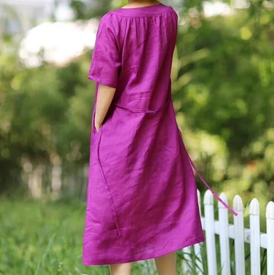 Purple O Neck Linen Women Dresses Short  Sleeves Midi Shirts Dresses CH9515