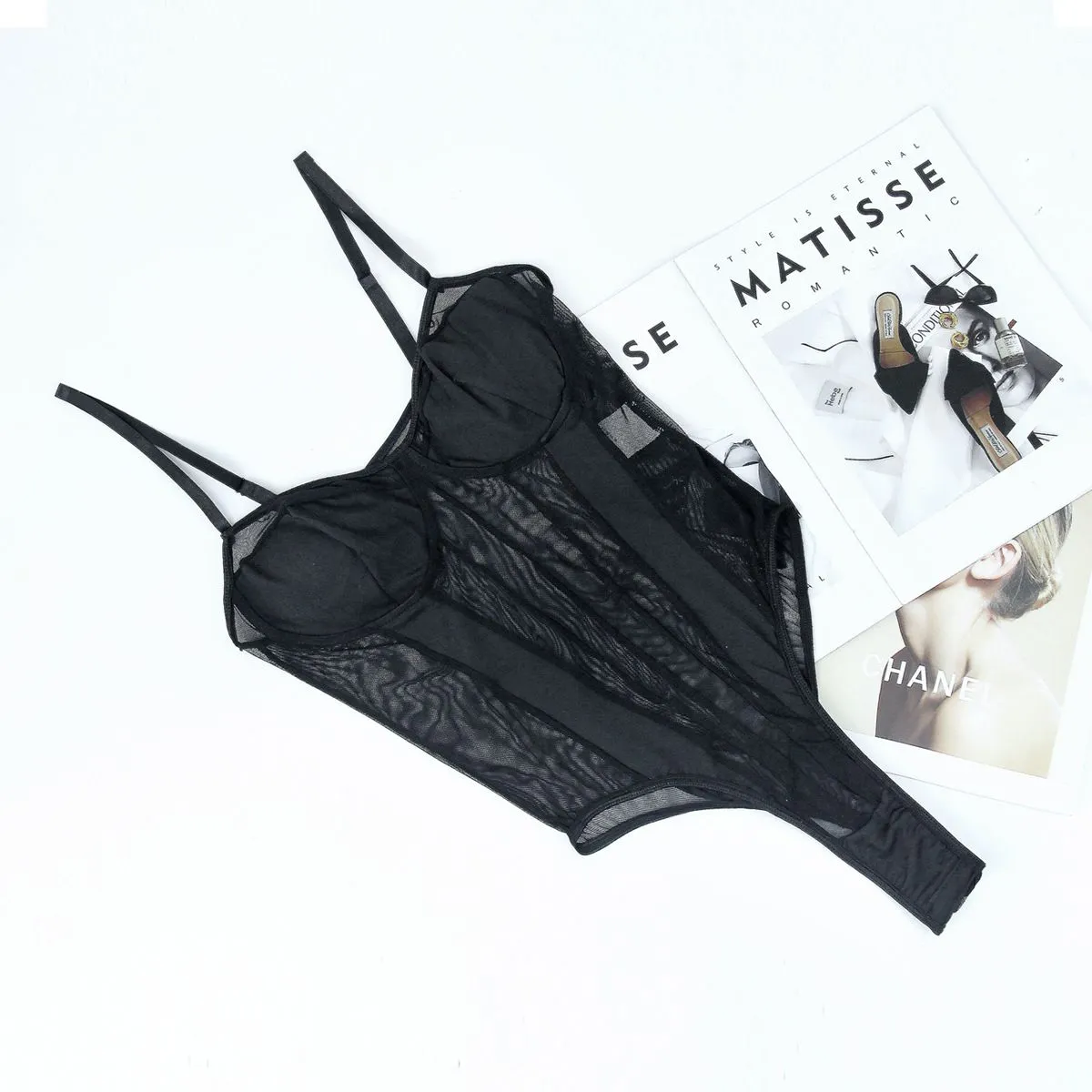 Sexy Striped Seethrough Mesh Lace Underwired Sleeveless Bodysuit