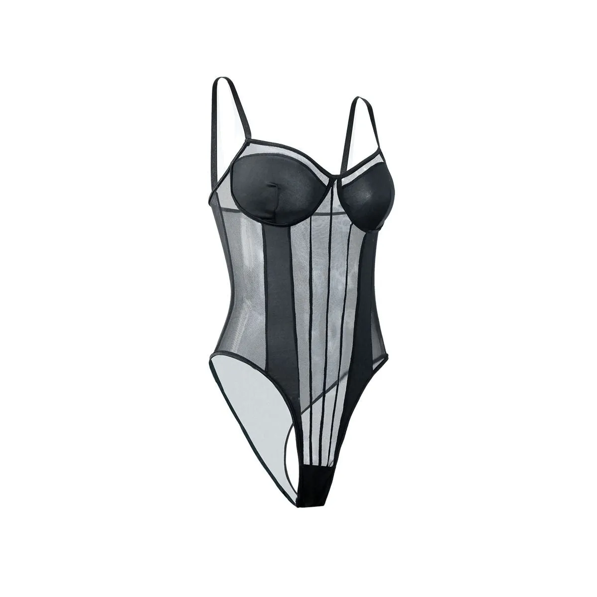 Sexy Striped Seethrough Mesh Lace Underwired Sleeveless Bodysuit