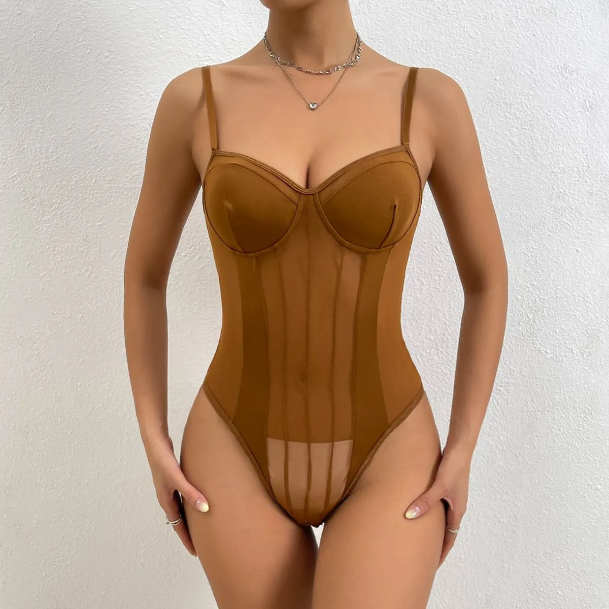 Sexy Striped Seethrough Mesh Lace Underwired Sleeveless Bodysuit