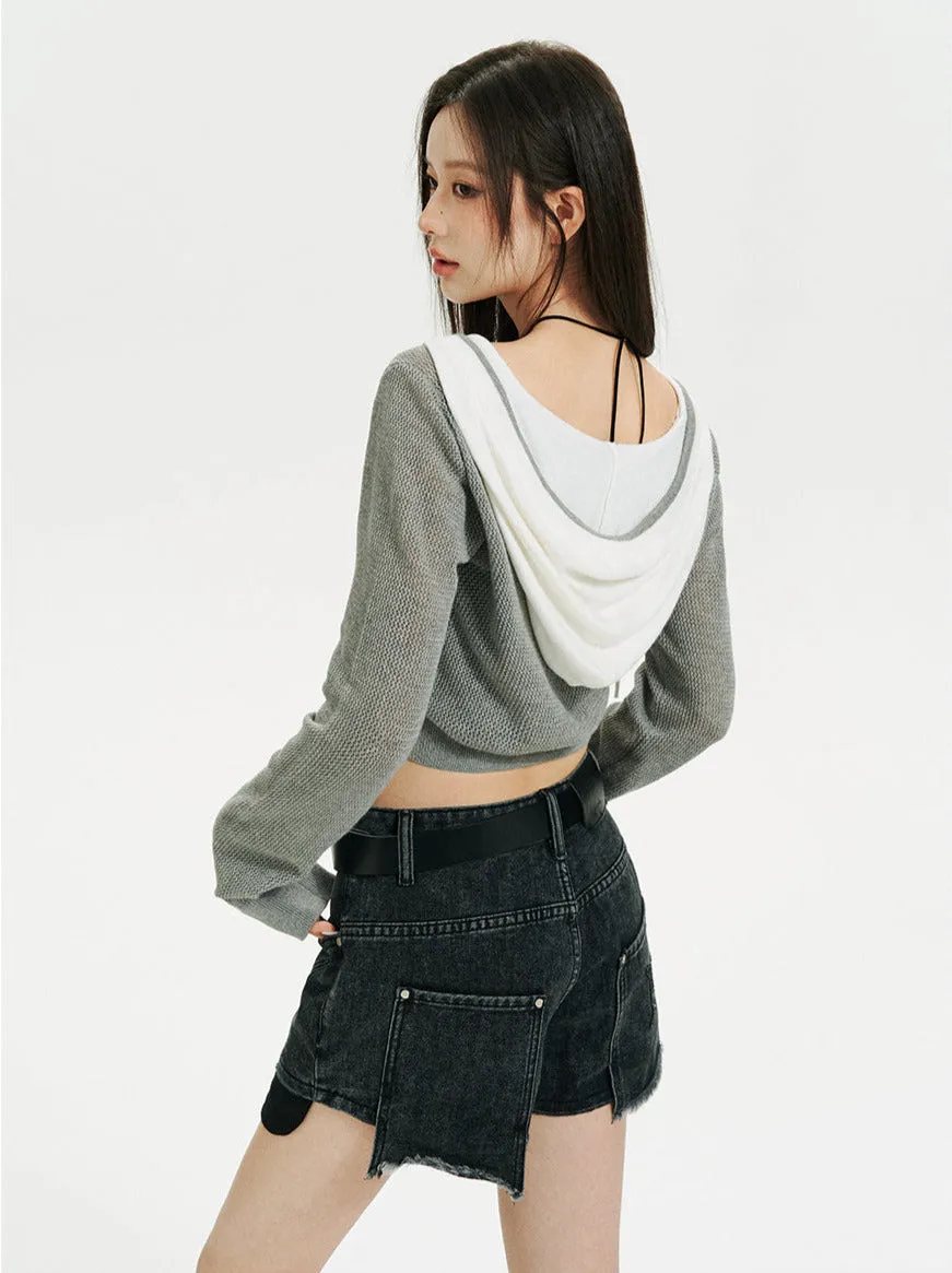Sheer Zip Mesh Knit Short/Long Hoodie