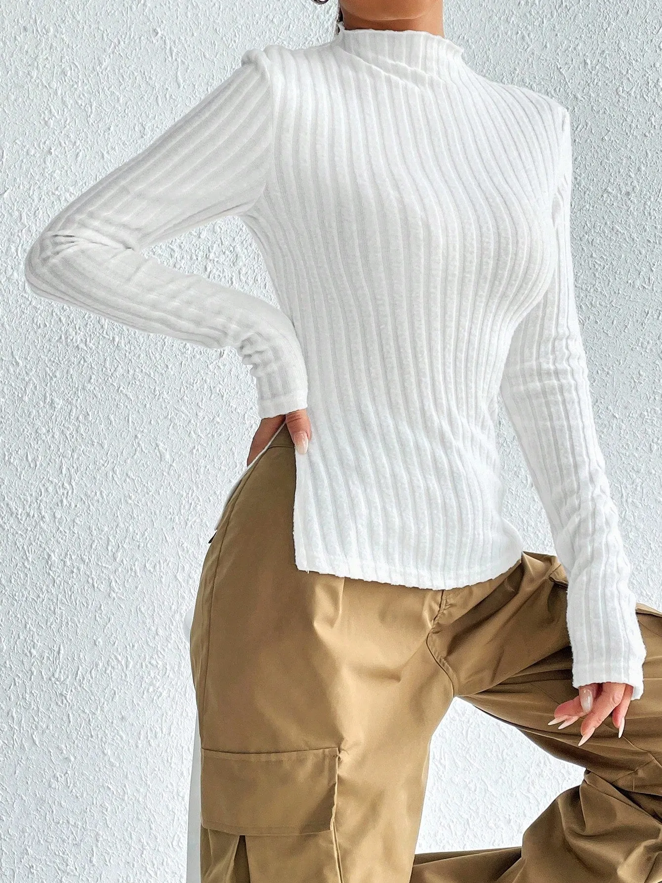SHEIN Mock Neck Ribbed Knit Tee