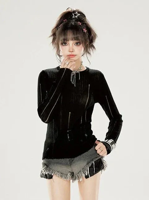 Slim Neck Ground Rippin Knit Irregular Top Summer