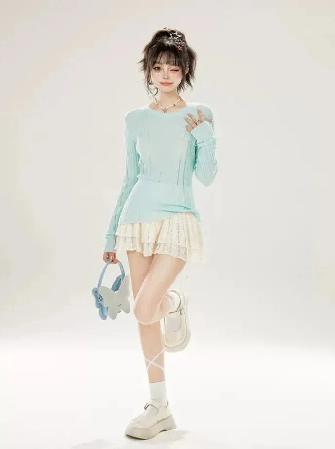 Slim Neck Ground Rippin Knit Irregular Top Summer