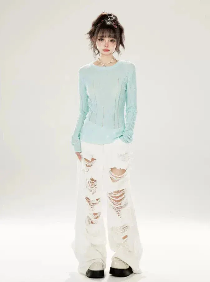 Slim Neck Ground Rippin Knit Irregular Top Summer