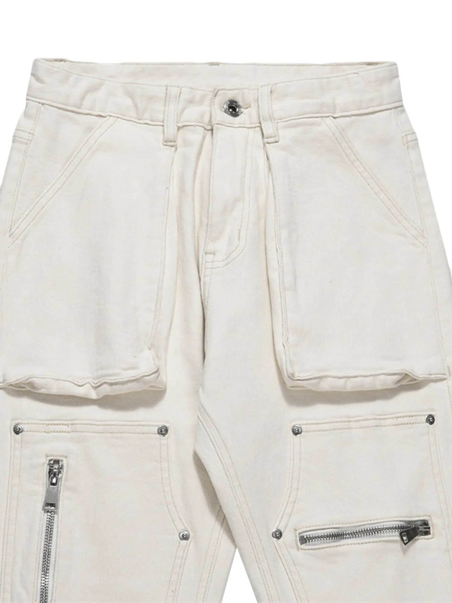 Sneakerhill High Street Zipper Patchwork Pocket Denim Pants