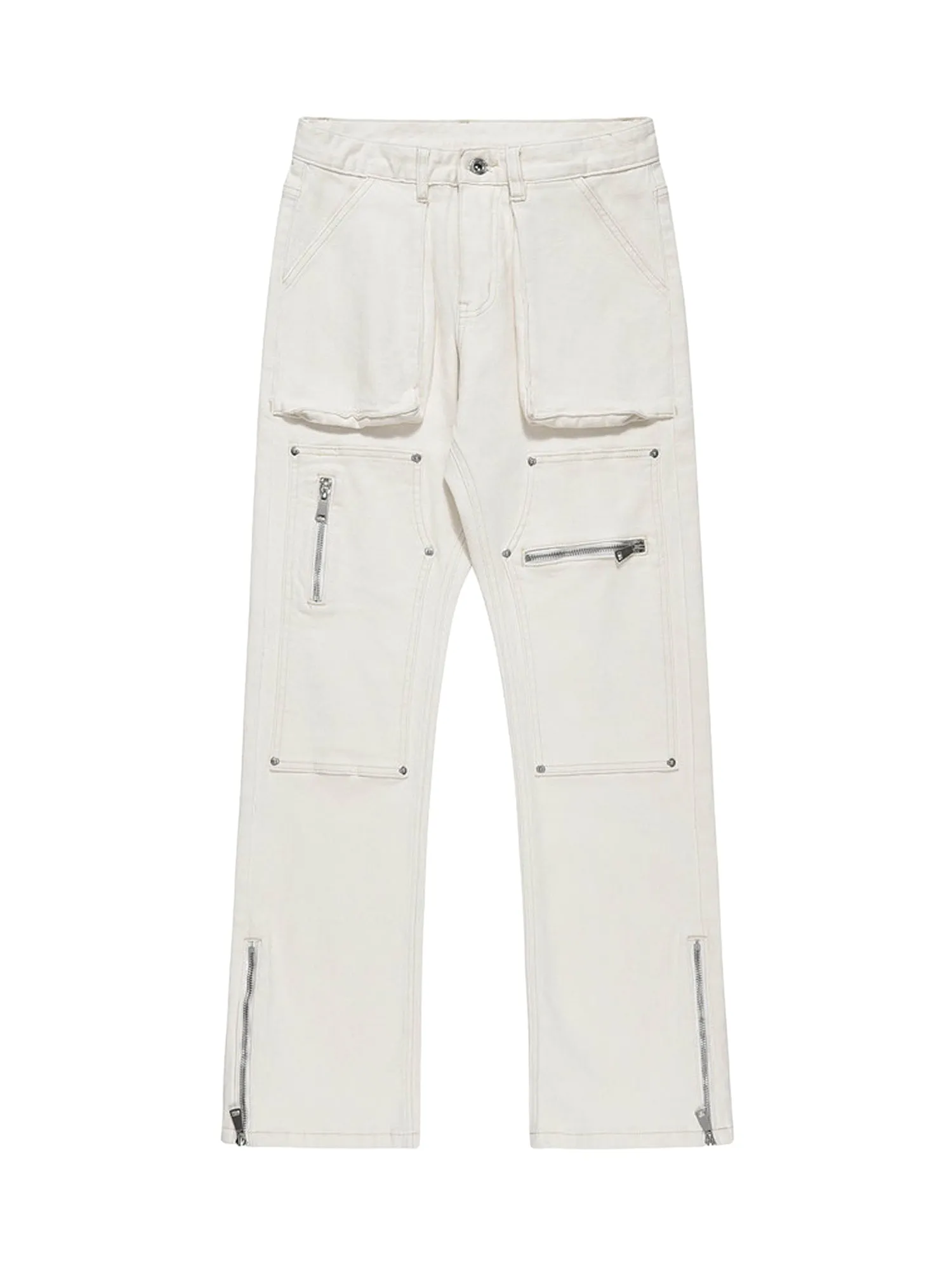 Sneakerhill High Street Zipper Patchwork Pocket Denim Pants