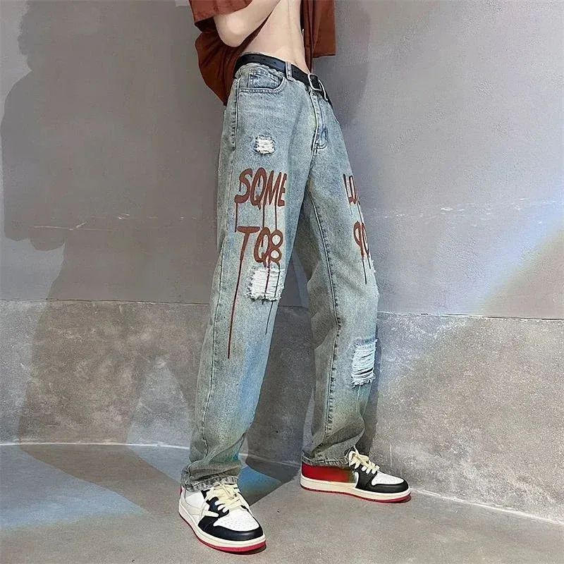 Wiaofellas  -  Jeans for Men Broken with Holes Trousers Straight Ripped Male Cowboy Pants Hip Hop Print Torn Stylish Soft Casual Fashion