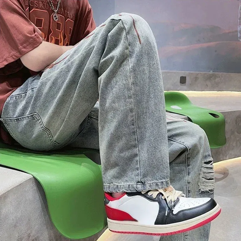 Wiaofellas  -  Jeans for Men Broken with Holes Trousers Straight Ripped Male Cowboy Pants Hip Hop Print Torn Stylish Soft Casual Fashion