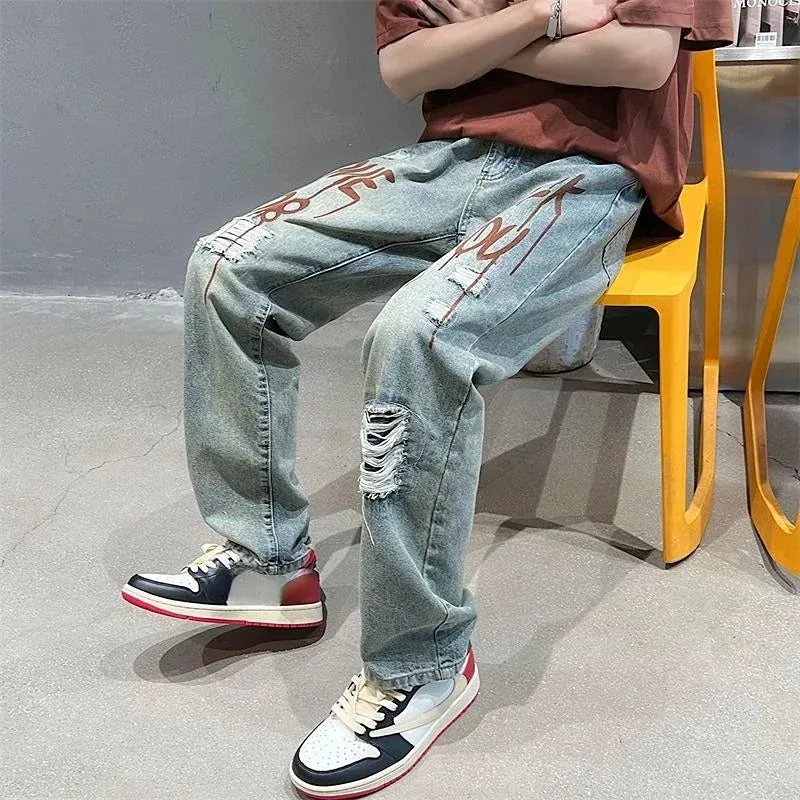 Wiaofellas  -  Jeans for Men Broken with Holes Trousers Straight Ripped Male Cowboy Pants Hip Hop Print Torn Stylish Soft Casual Fashion