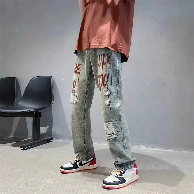 Wiaofellas  -  Jeans for Men Broken with Holes Trousers Straight Ripped Male Cowboy Pants Hip Hop Print Torn Stylish Soft Casual Fashion