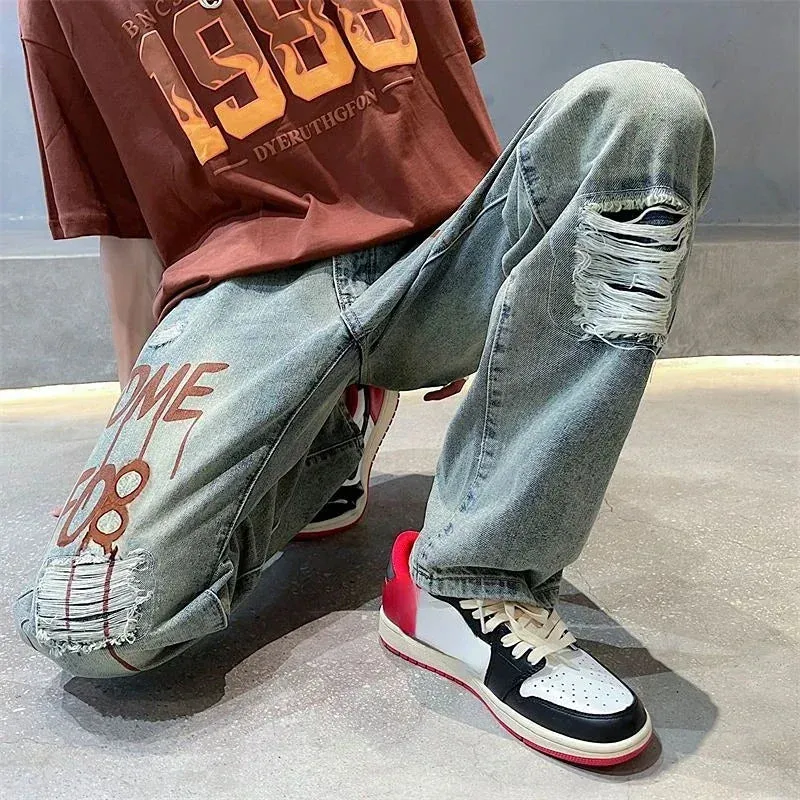 Wiaofellas  -  Jeans for Men Broken with Holes Trousers Straight Ripped Male Cowboy Pants Hip Hop Print Torn Stylish Soft Casual Fashion