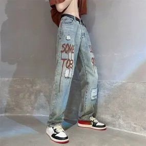 Wiaofellas  -  Jeans for Men Broken with Holes Trousers Straight Ripped Male Cowboy Pants Hip Hop Print Torn Stylish Soft Casual Fashion