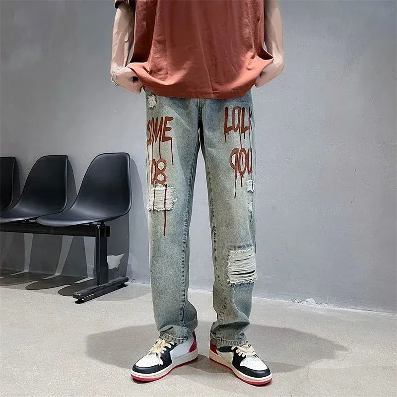 Wiaofellas  -  Jeans for Men Broken with Holes Trousers Straight Ripped Male Cowboy Pants Hip Hop Print Torn Stylish Soft Casual Fashion