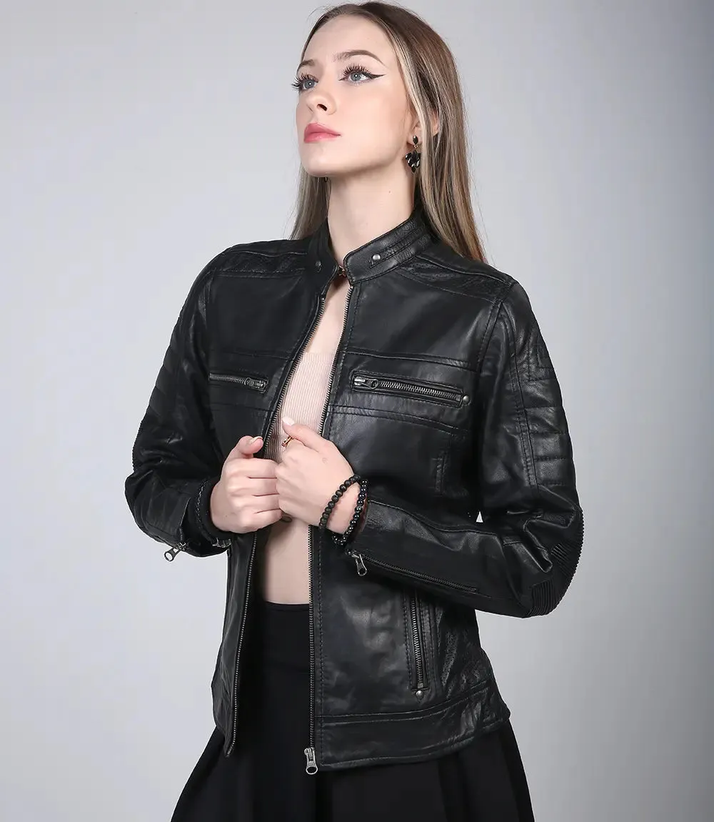 Womens Black Cafe Racer Leather Jacket