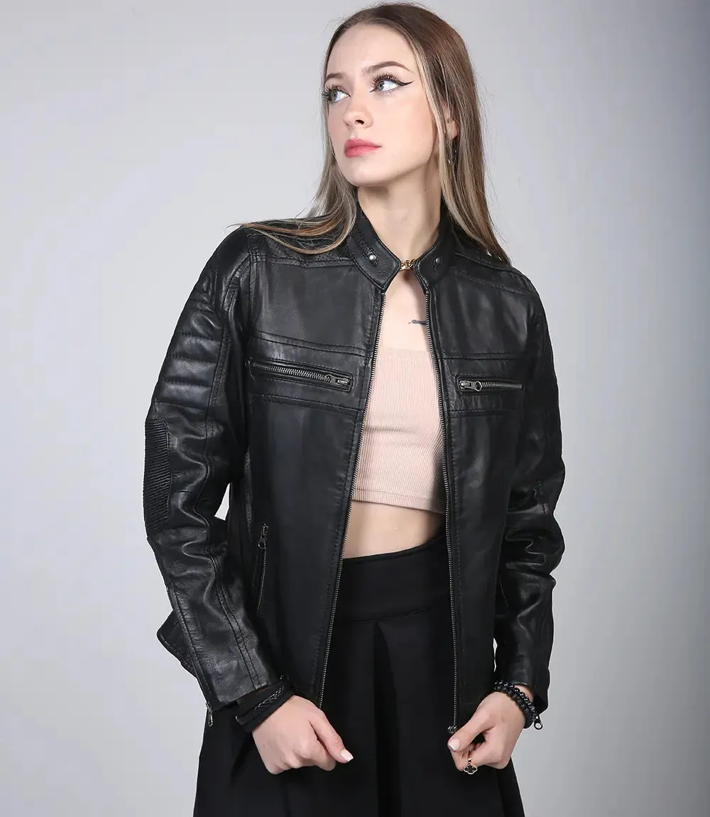 Womens Black Cafe Racer Leather Jacket