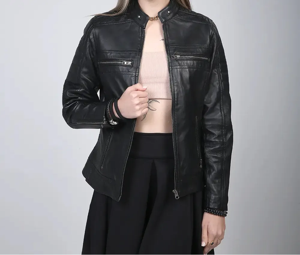 Womens Black Cafe Racer Leather Jacket