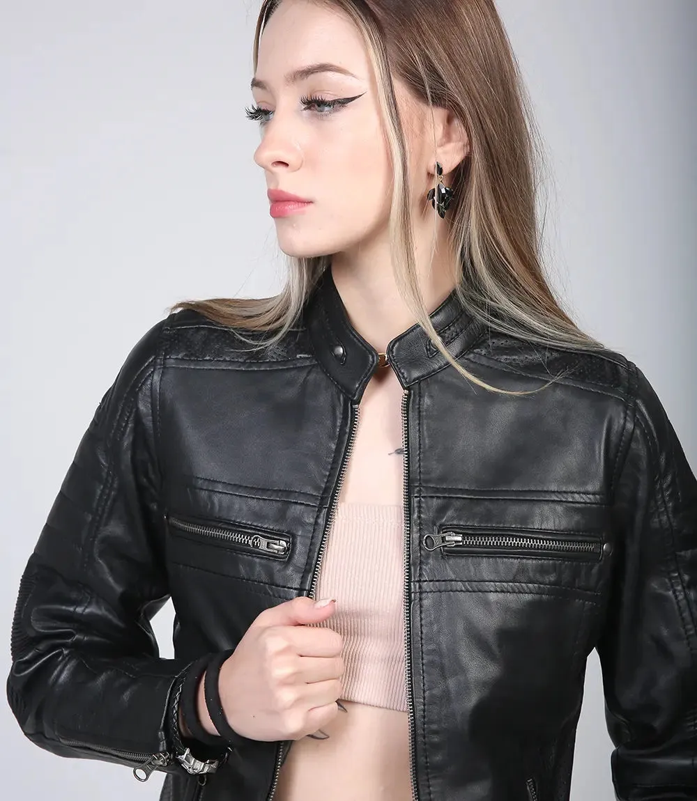 Womens Black Cafe Racer Leather Jacket
