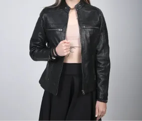Womens Black Cafe Racer Leather Jacket
